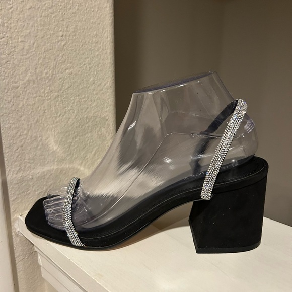 Lisa Vicky Mood Microsuede Block Heel Slide Sandal Black Rhinestone Strap Sz 6.5 - Picture 4 of 10